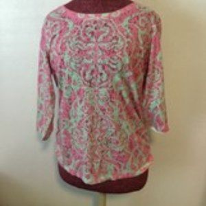 B.L.U.E. Pink & Green 3/4 Sleeve Geometric Print Rhinestone Tee Shirt Pt. XL GUC